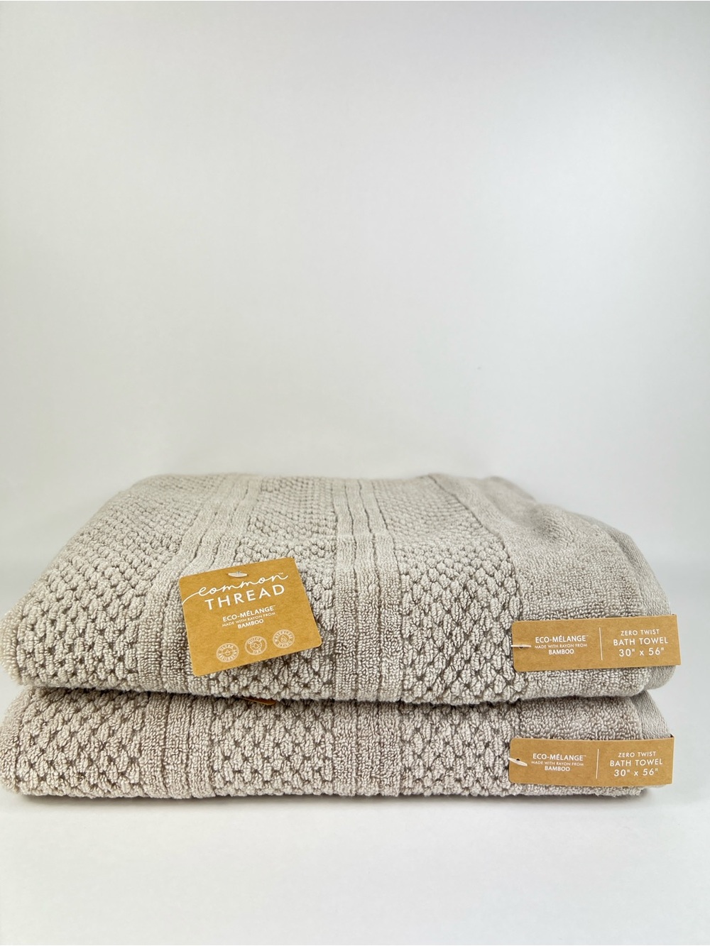 Common Thread Bath Towel Set Bamboo Eco Melange Tan Zero Twist Cotton 2 Pc NEW